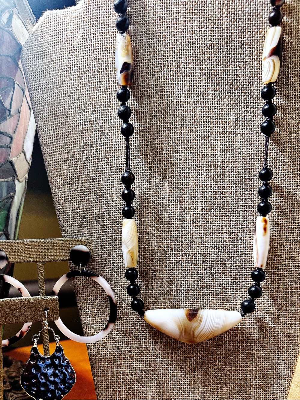 Elongated Tibetan dZi Agate Statement Necklace, White field. Rare